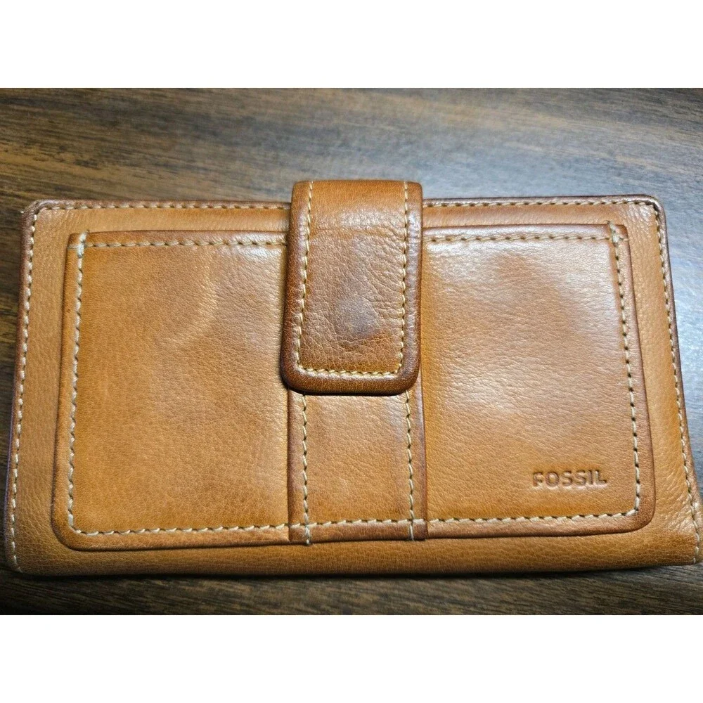 Vintage Fossil Brown Leather Trifold Checkbook Wallet Clutch Pen Loop Y2K